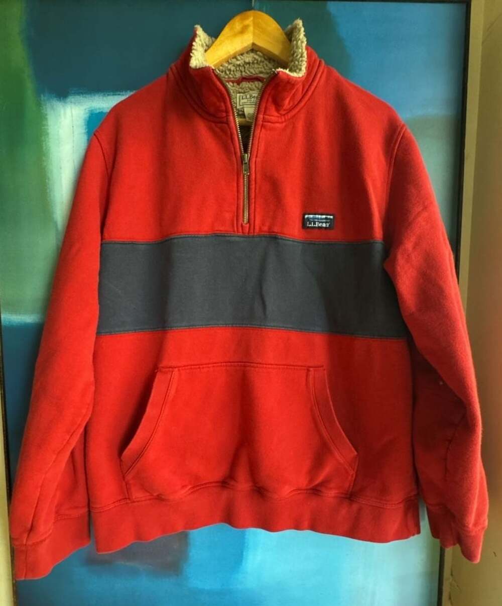LL Bean Quarter Zip Sweatshirt Size LG-REG Red Colorblock Sherpa Lined Rugby